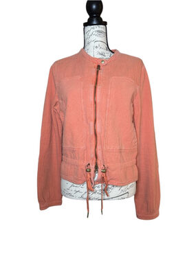 Anthropologie Sz Large Joyce Textured Zip Up Moto Jacket in Orange Coral Quilted
